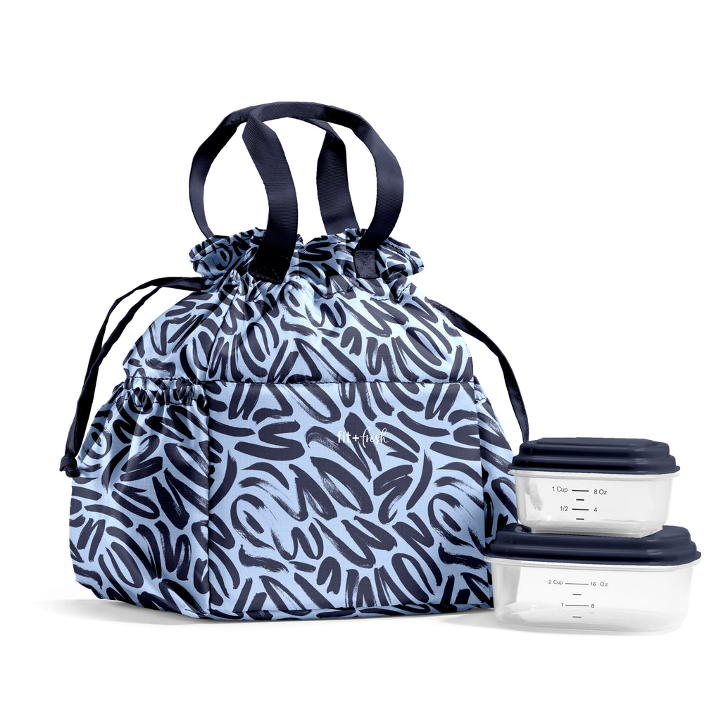 Cromwell Cinch Lunch Tote with Lunch Kit, Navy Brush Strokes