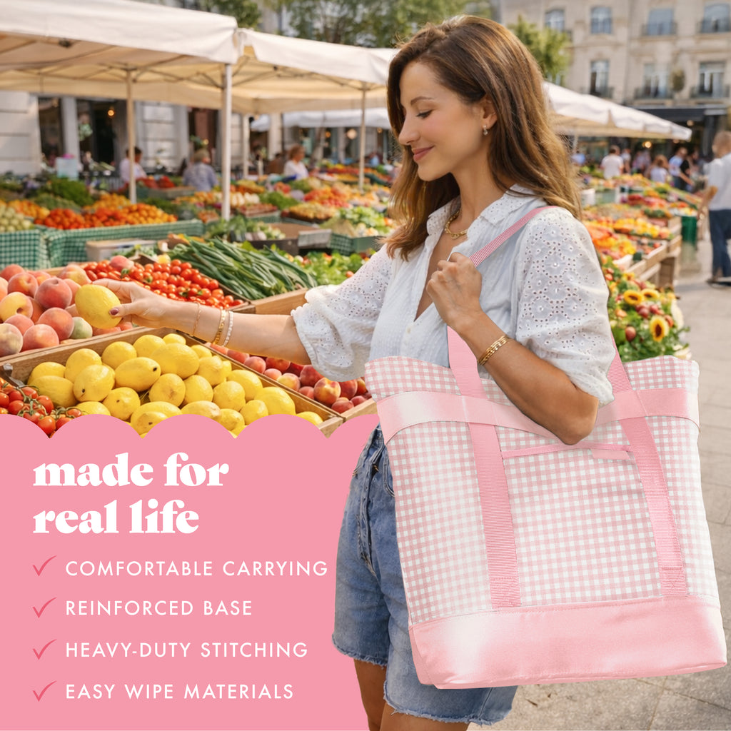 XL Insulated Cooler Tote Bag, Pink Gingham