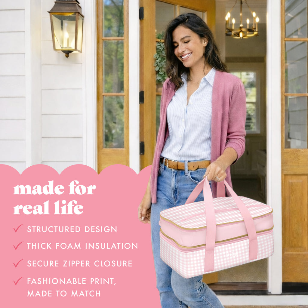 Insulated Double Decker Casserole Carrier, Pink Gingham